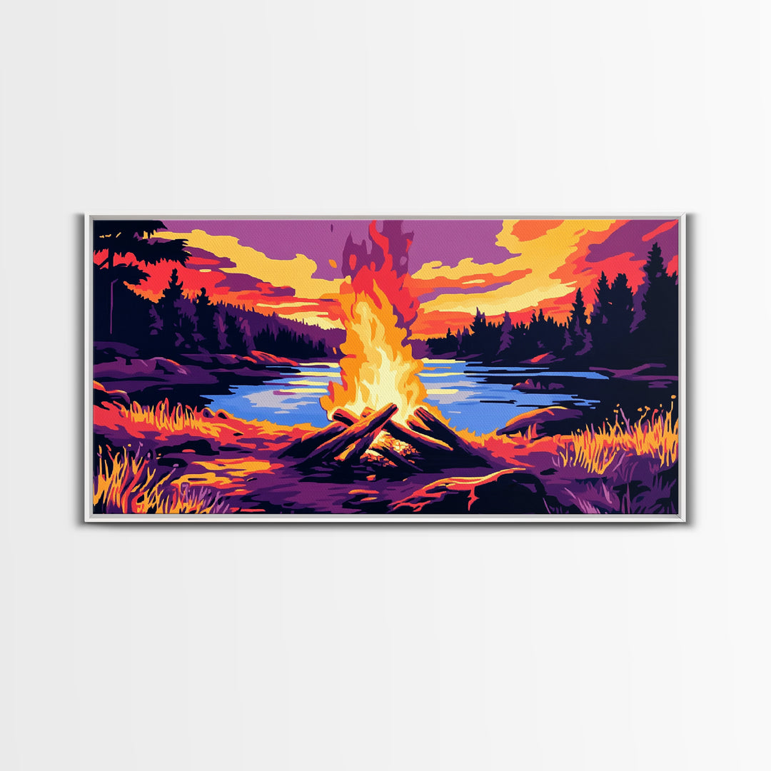 Campfire, lake sunset, rustic art, outdoor decor, cozy cabin wall art, smoky mountain art, framed canvas print, horizontal wall art