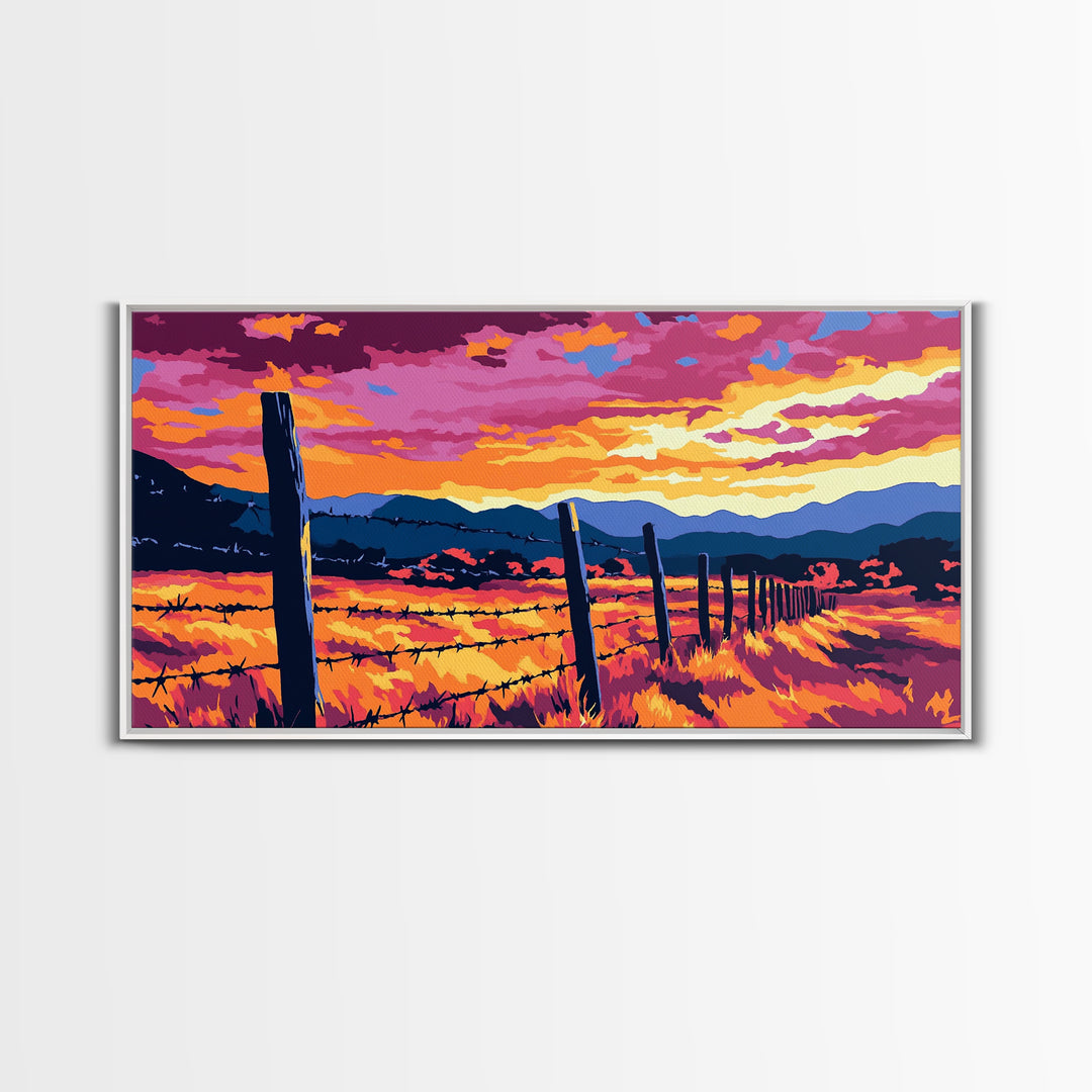 Barbed Fence, rustic art, country painting, extra wide art, farmhouse wall art, landscape painting, horizontal wall art, Framed Canvas Print