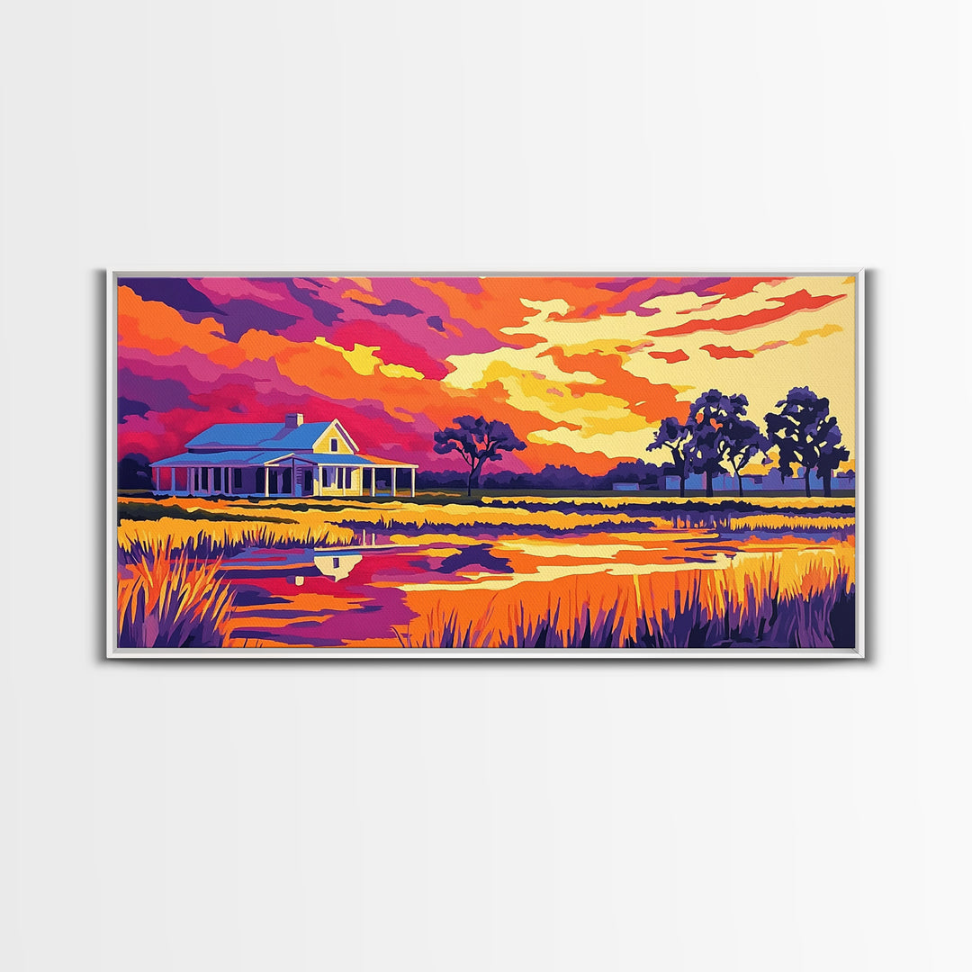 Rural Farmhouse, Rustic Wall Art, Barn Landscape Oil Painting, Farmhouse Art, Framed Canvas Print, Panoramic Art, Above Bed Wall Art