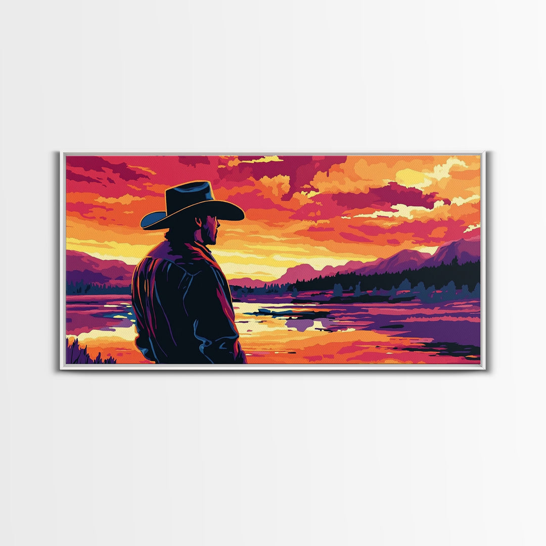 Cowboy Silhouette, Western Art, Southwest Wall Art, Rustic Decor, Moody Art, Framed Canvas Print, Gift Idea, Panoramic Art, Horizontal Wall Art