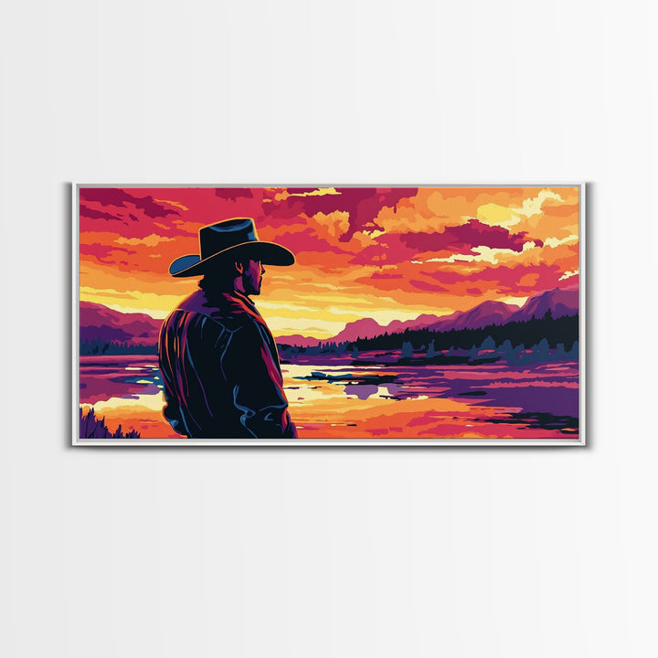 Cowboy Silhouette, Western Art, Southwest Wall Art, Rustic Decor, Moody Art, Framed Canvas Print, Gift Idea, Panoramic Art, Horizontal Wall Art