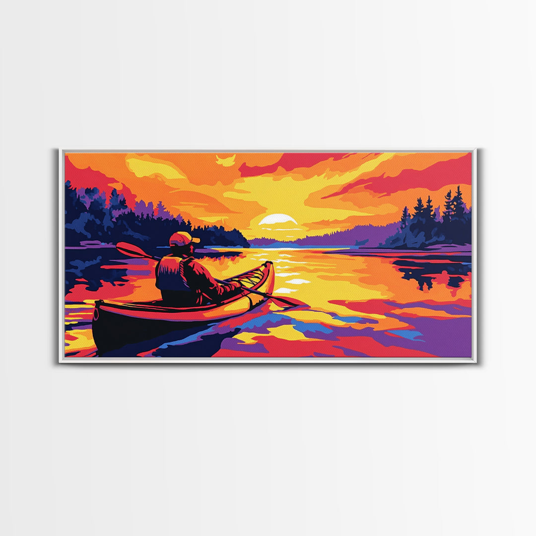 Kayaker at Sunset, fisherman painting, nautical painting, coastal landscape art, rustic decor, panoramic painting, canvas print