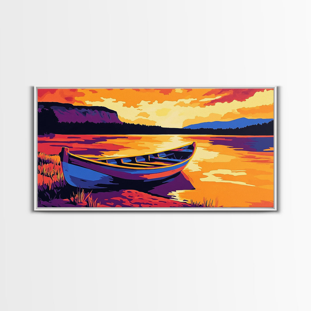 Boat on the Shore, nautical painting, seascape painting, rustic decor, above couch art, panoramic painting, extra wide art, canvas print