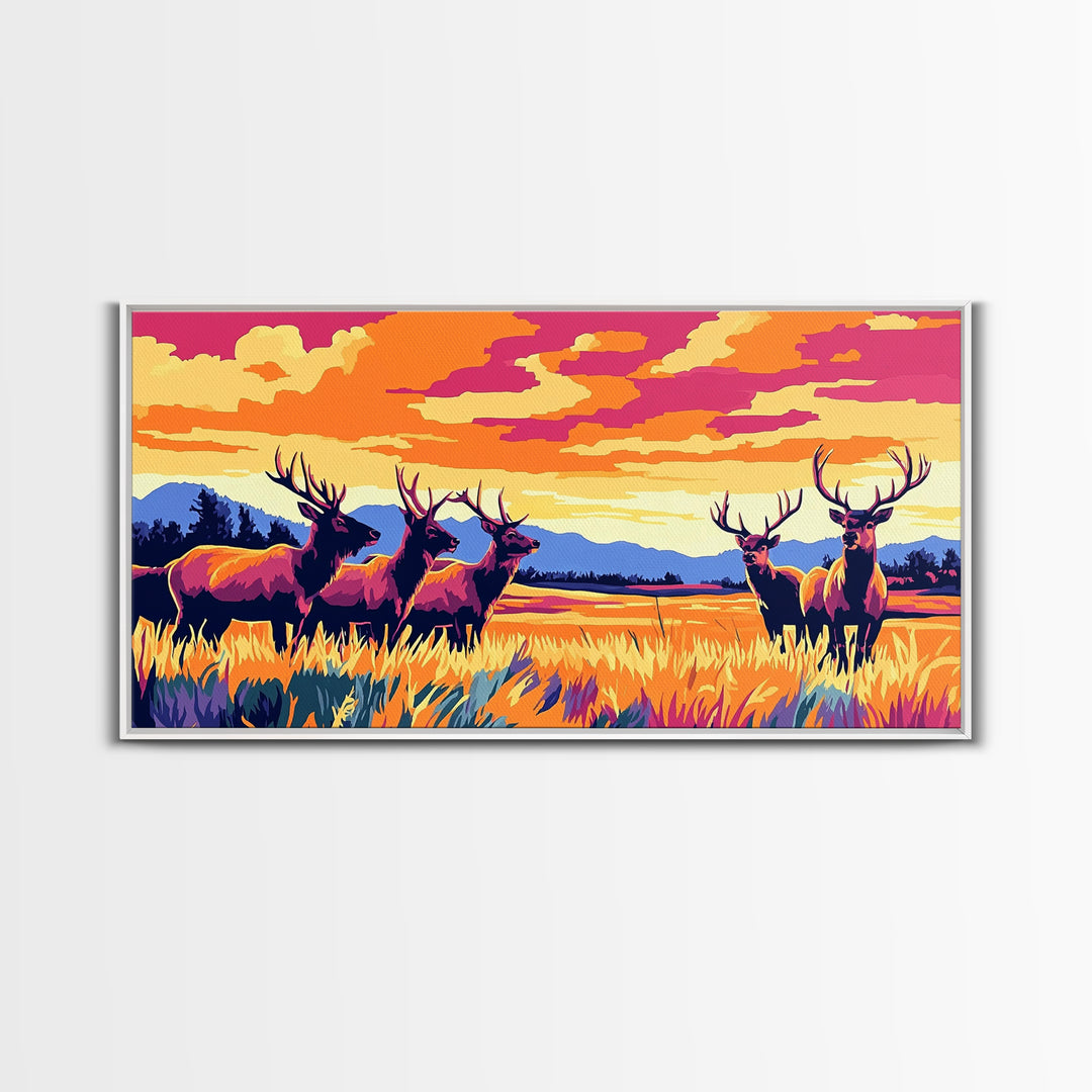 Autumn Elk, wildlife painting, deer drinking water in forest painting, rustic decor, farmhouse art, landscape painting, framed canvas print