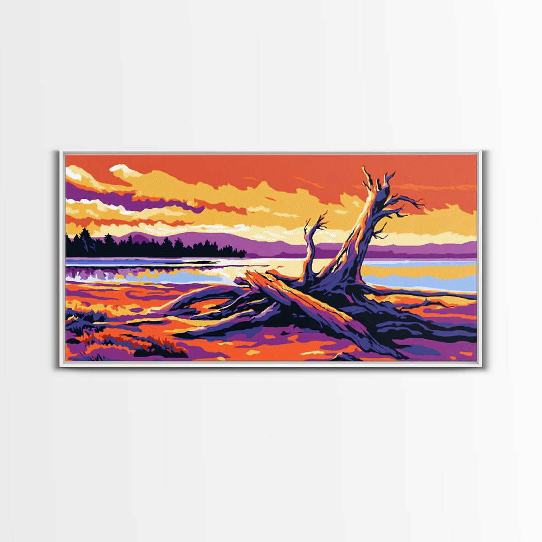Driftwood Beach Scene, coastal landscape art, nautical painting, rustic wall art, ocean sunset art, panoramic art, framed canvas print