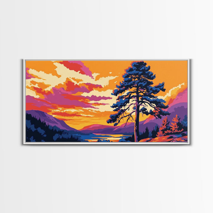 Pine Tree Sunset, smoky mountain art, Joshua tree art, landscape painting, rustic decor, extra wide wall art, framed canvas print