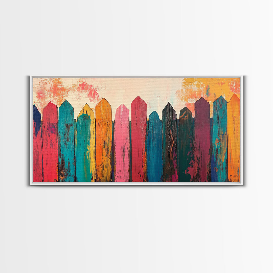 Rustic Fence Art, farmhouse art, rustic wall art, wabi sabi art, colorful wood painting, extra wide art, canvas print, southwestern decor