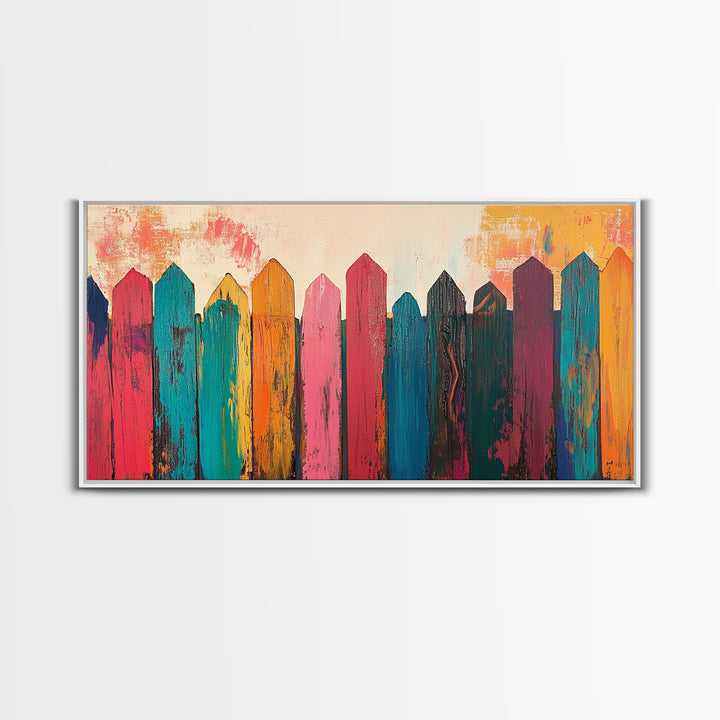 Rustic Fence Art, farmhouse art, rustic wall art, wabi sabi art, colorful wood painting, extra wide art, canvas print, southwestern decor