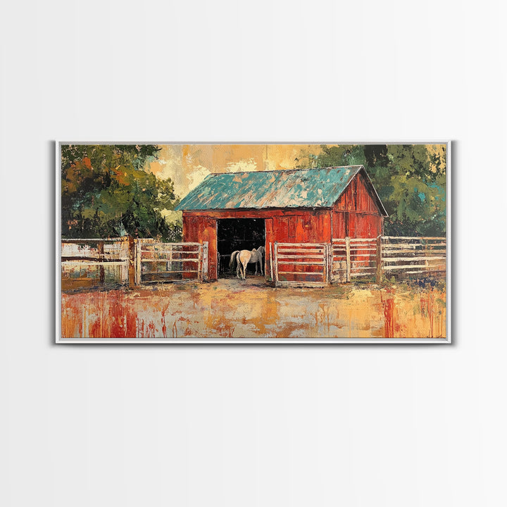 Rustic Barn Scene, barn landscape oil painting, western wall art, farmhouse decor, rural life painting, extra wide art, framed canvas print, wabi sabi art