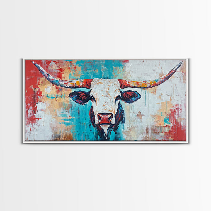 Colorful Longhorn Art, rustic wall art, farmhouse art, southwest wall art, bold animal painting, extra wide art, canvas print, wabi sabi art