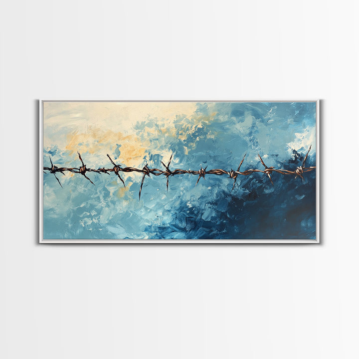 Barbed Wire, Rustic Wall Art, Southwest Art, Minimalist Art, Moody Painting, Extra Wide Art, Western Landscape Art, Framed Canvas Print