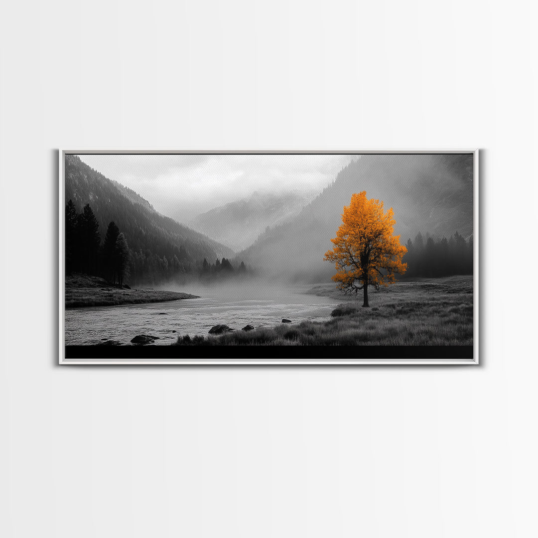 Autumn Tree in Fog, smoky mountain art, pine tree art, wabi sabi art, forest at dusk painting, fall wall art, rustic decor, Framed Canvas Print