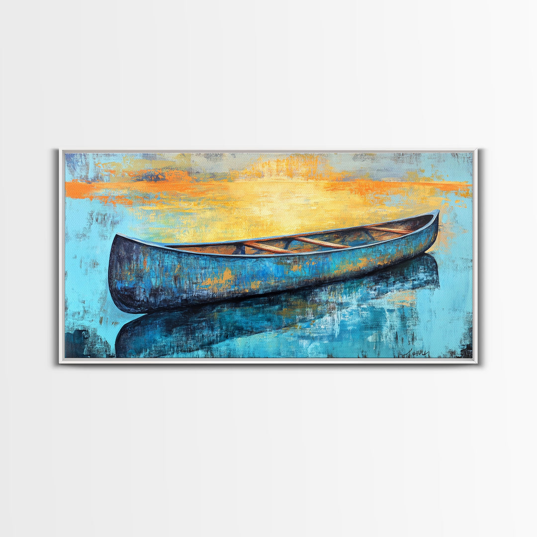 Canoe, Lake Art, Fly Fishing Art, Rustic Wall Art, Coastal Painting, Above Couch Art, Horizontal Wall Art, Framed Canvas Print, Nautical Decor