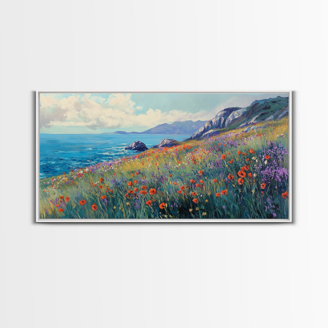 Coastal Wildflower Art, Framed Canvas Print, Poppy Wall Art, Coastal Landscape Art, Seascape Painting, Extra Wide Art, Above Couch Art