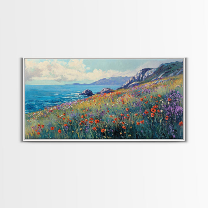 Coastal Wildflower Art, Framed Canvas Print, Poppy Wall Art, Coastal Landscape Art, Seascape Painting, Extra Wide Art, Above Couch Art