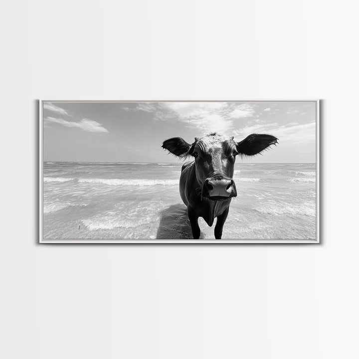 Curious Beach Cow, coastal wall art, cow painting, whimsical art, black and white photography, farmhouse decor, seascape painting, Canvas Print