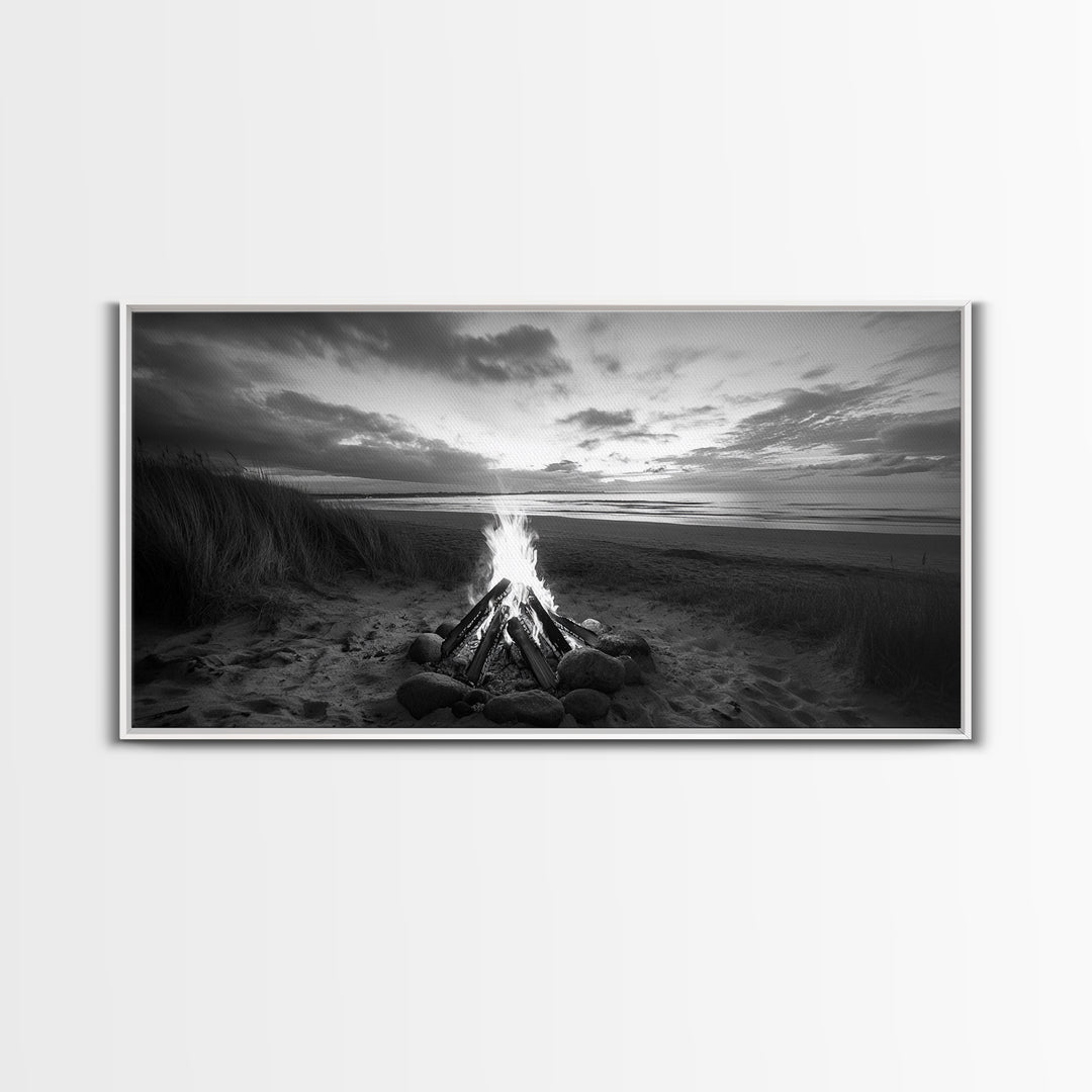 Bonfire on Beach, coastal decor, nautical painting, rustic art, beach sunset print, seascape painting, landscape painting, Framed Canvas Print