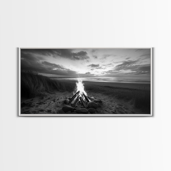 Bonfire on Beach, coastal decor, nautical painting, rustic art, beach sunset print, seascape painting, landscape painting, Framed Canvas Print
