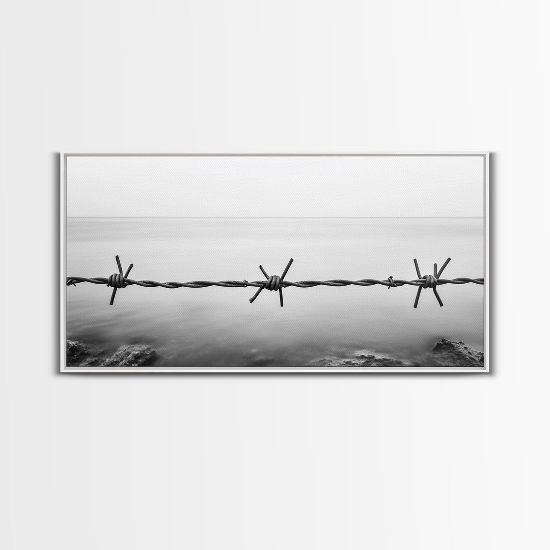 Barbed Wire, rustic decor, farmhouse art, minimalist black and white, modern wabi sabi wall art, textured art, panoramic art, Canvas Print