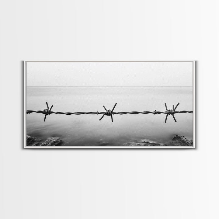 Barbed Wire, rustic decor, farmhouse art, minimalist black and white, modern wabi sabi wall art, textured art, panoramic art, Canvas Print