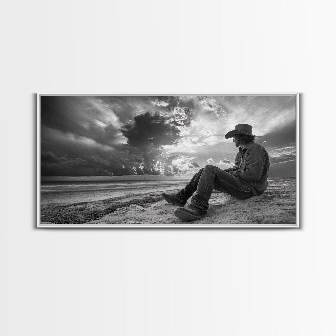 Cowboy on Beach, Moody Art, Western Wall Art, Dramatic Sky Print, Rustic Decor, Coastal Cowgirl Aesthetic, Framed Canvas Print, Scenic View