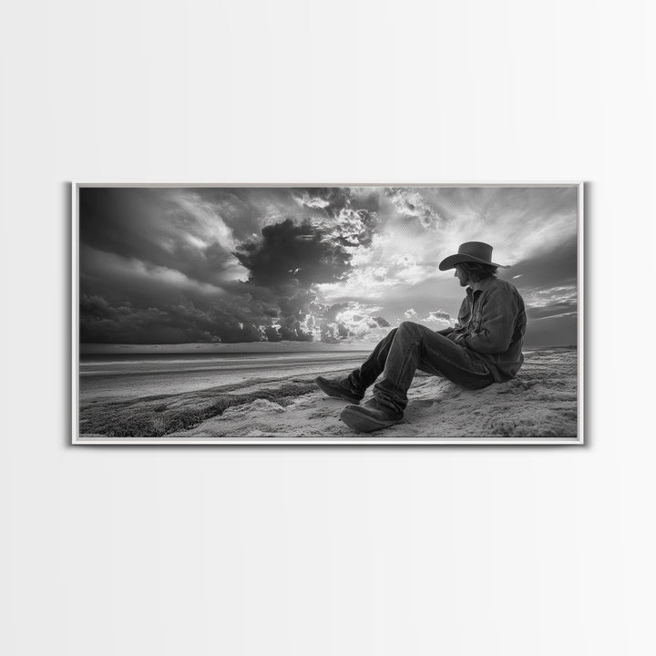 Cowboy on Beach, Moody Art, Western Wall Art, Dramatic Sky Print, Rustic Decor, Coastal Cowgirl Aesthetic, Framed Canvas Print, Scenic View