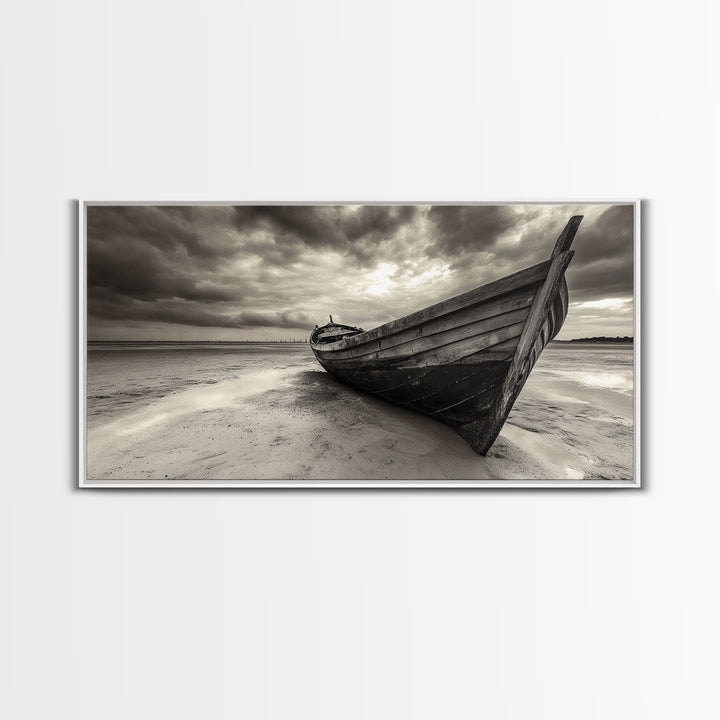 Abandoned Boat, Nautical Wall Art, Coastal Decor, Seascape Painting, Rustic Wall Art, Dramatic Sky, Framed Canvas Print, Panoramic Art