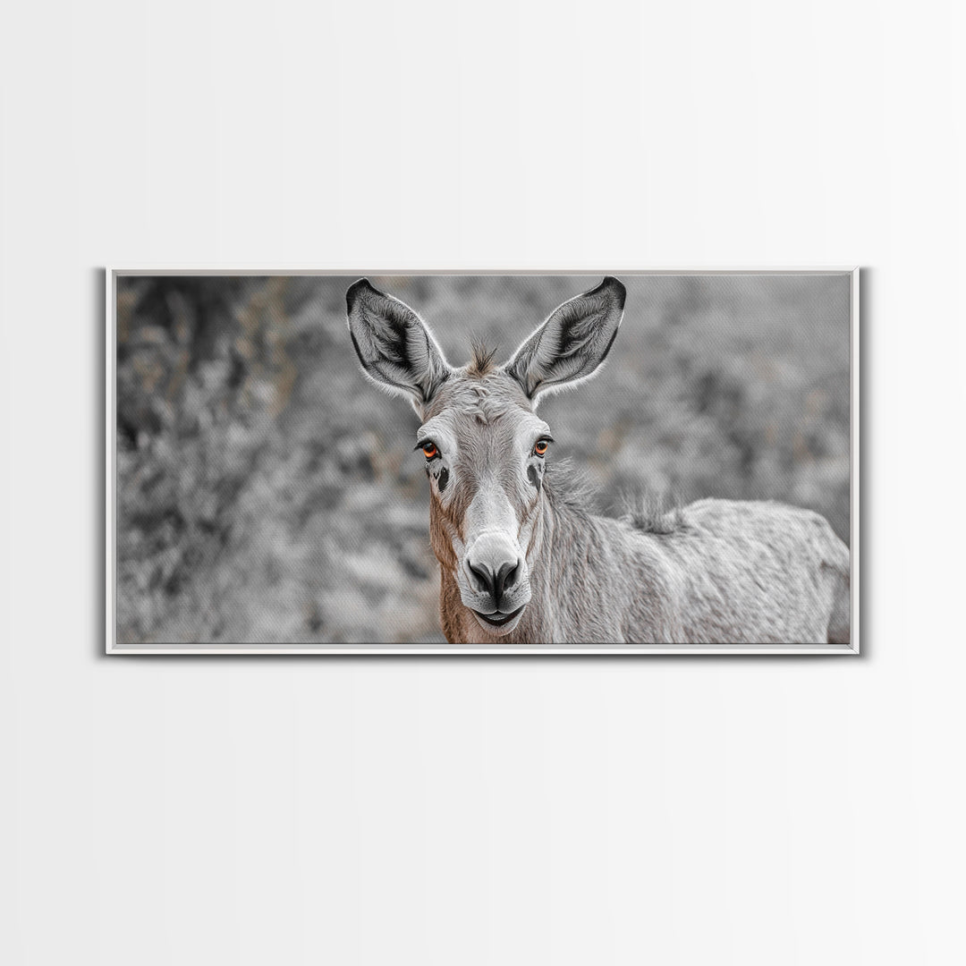 Donkey Close-Up Framed Canvas Print | Rustic Farmhouse Art | Moody Animal Portrait | Southwest Wall Art | Extra Wide Art | Above Couch Decor