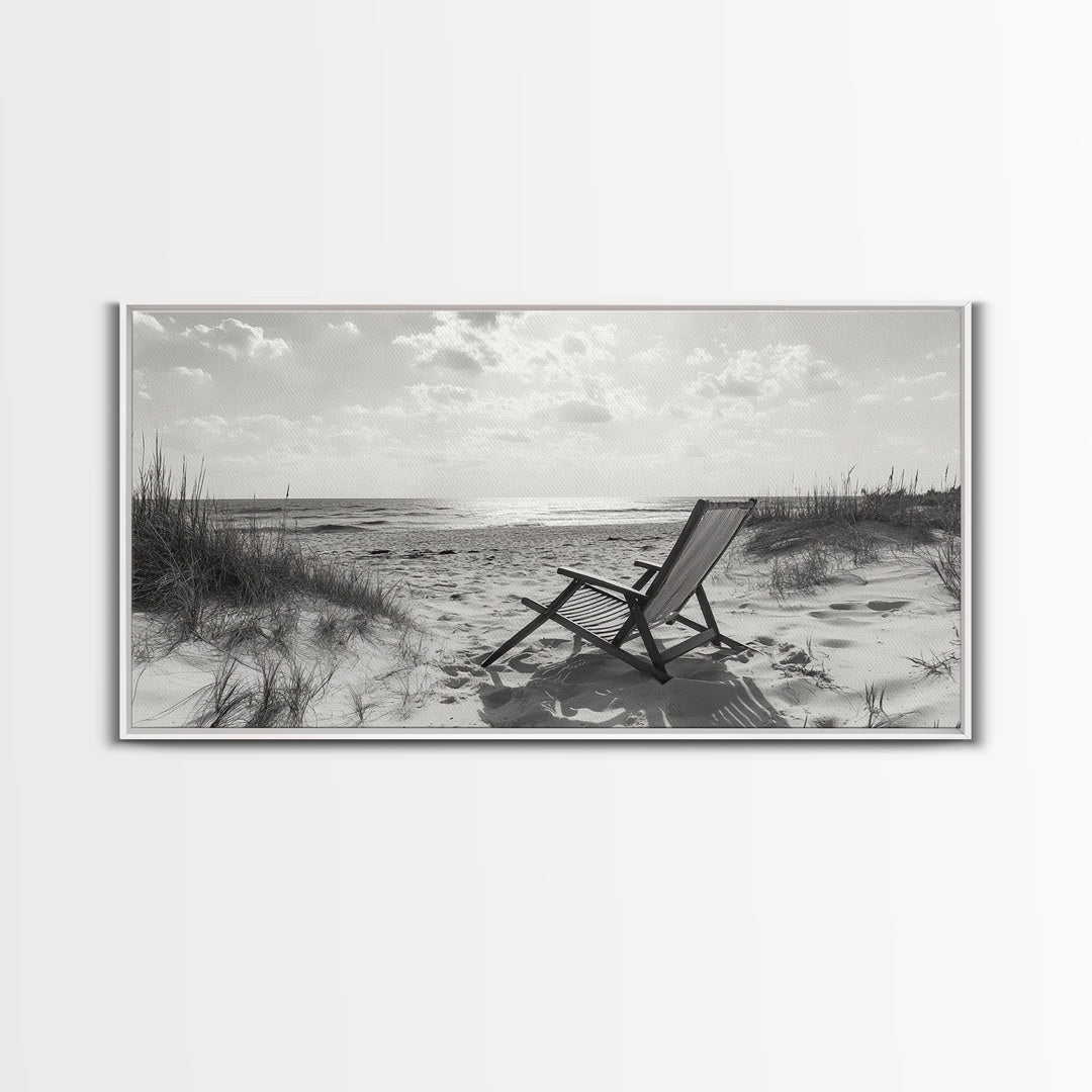 Beach Chair, Coastal Landscape Art, Minimalist Art, Wabi Sabi Art, Ocean View Print, Relaxing Decor, Framed Canvas Print, Nautical Wall Art
