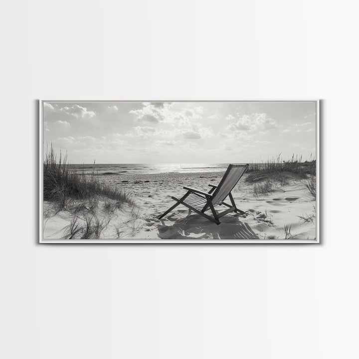 Beach Chair, Coastal Landscape Art, Minimalist Art, Wabi Sabi Art, Ocean View Print, Relaxing Decor, Framed Canvas Print, Nautical Wall Art