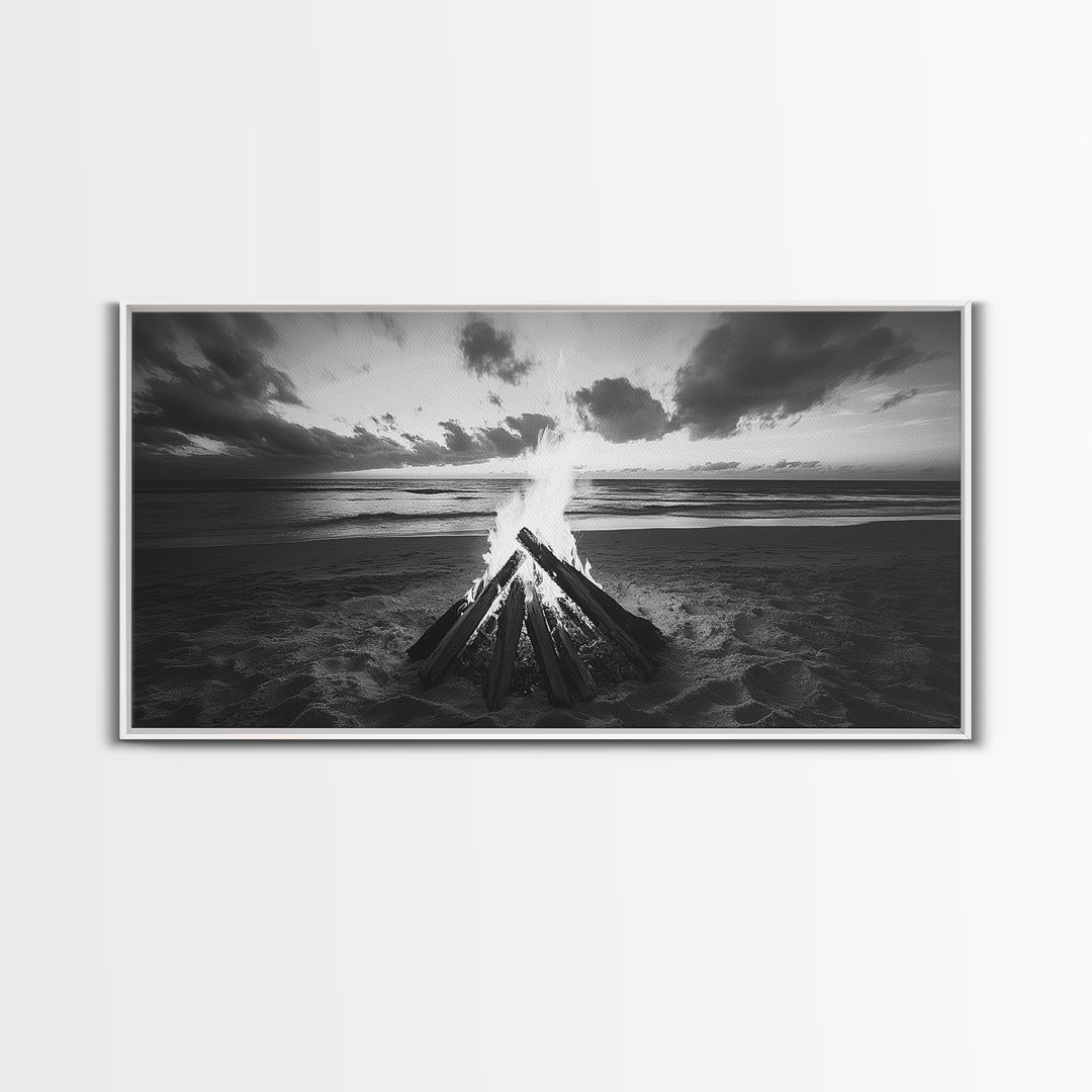 Bonfire On Beach, Coastal Wall Art, Moody Art, Extra Wide Art, Sunset Wall Art, Panoramic Art, Rustic Wall Art, Framed Canvas Print