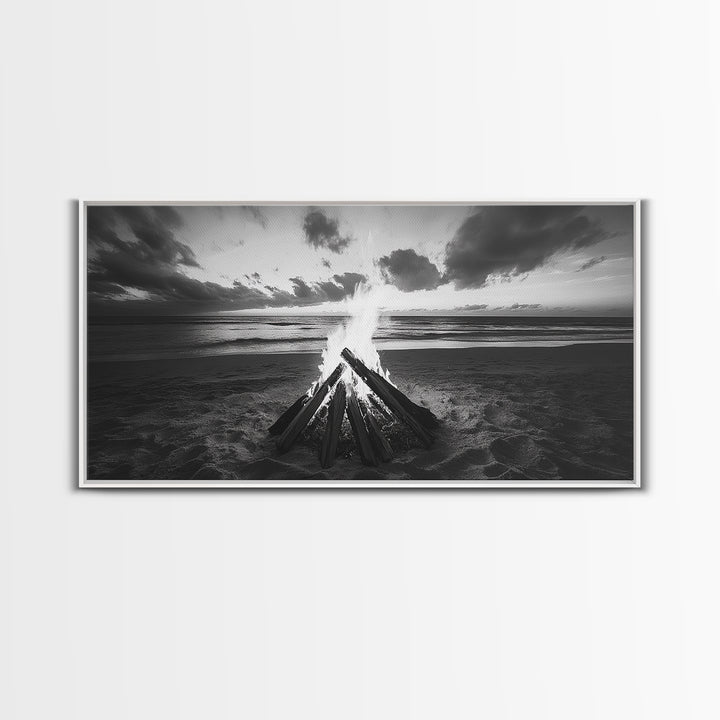Bonfire On Beach, Coastal Wall Art, Moody Art, Extra Wide Art, Sunset Wall Art, Panoramic Art, Rustic Wall Art, Framed Canvas Print