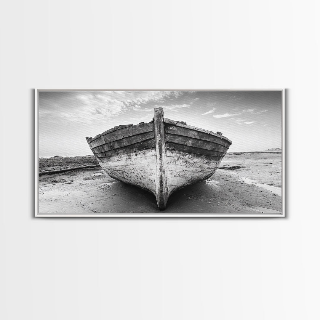 Beached Boat, Nautical Wall Art, Rustic Decor, Coastal Landscape Art, Extra Wide Art, Panoramic Painting, Canvas Print