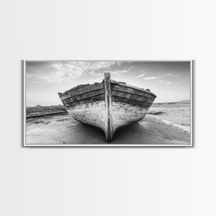 Beached Boat, Nautical Wall Art, Rustic Decor, Coastal Landscape Art, Extra Wide Art, Panoramic Painting, Canvas Print