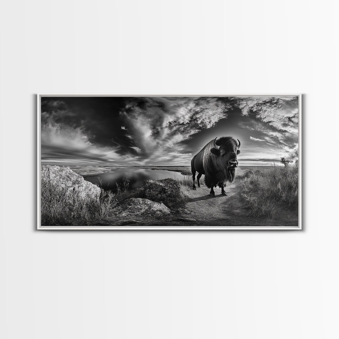 Bison Landscape, Southwest Wall Art, Rustic Wall Art, Moody Art, Panoramic Art, Extra Wide Art, Nature Wall Art, Framed Canvas Print