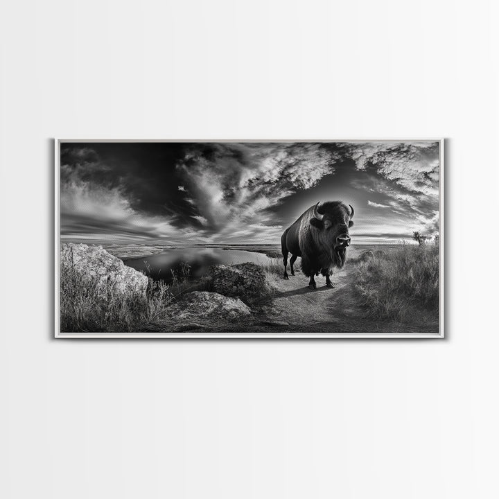 Bison Landscape, Southwest Wall Art, Rustic Wall Art, Moody Art, Panoramic Art, Extra Wide Art, Nature Wall Art, Framed Canvas Print