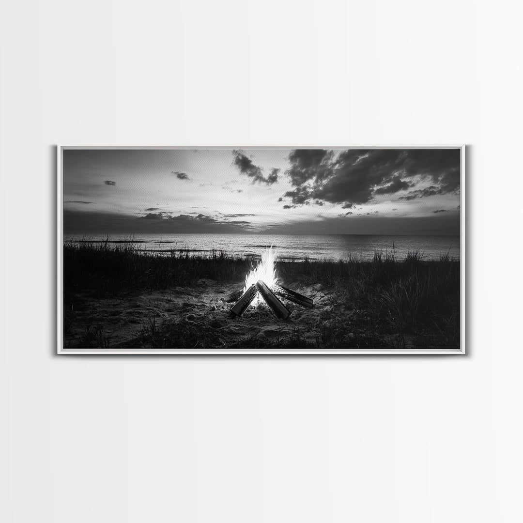 Beach Bonfire, coastal decor, nautical wall art, seascape painting, moody art, rustic wall art, dark romance painting, Canvas Print