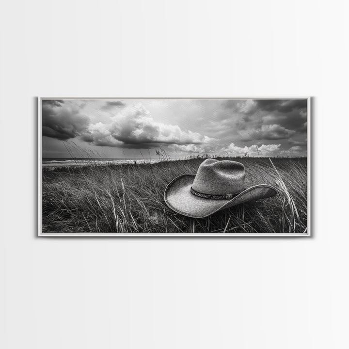 Cowboy Hat, rustic decor, wabi sabi art, western painting, southwest wall art, boho art, moody photography, Framed Canvas Print