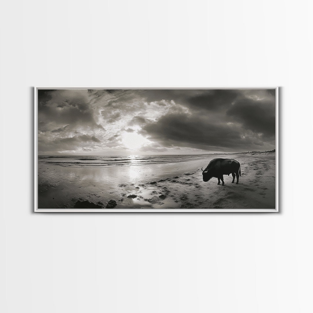 Buffalo, seascape painting, coastal landscape art, rustic decor, farmhouse art, panoramic painting, extra wide art, framed canvas print