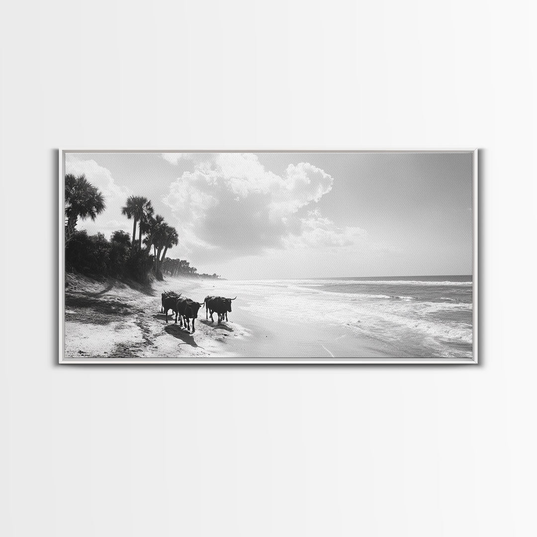 Cattle on beach, coastal cowgirl wall art, rustic decor, farmhouse art, landscape painting, panoramic painting, extra wide art, framed canvas print