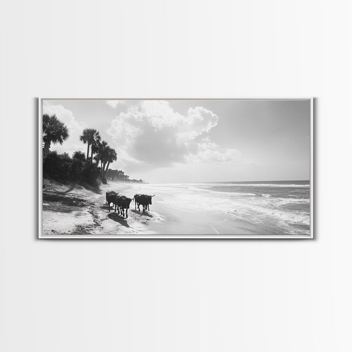 Cattle on beach, coastal cowgirl wall art, rustic decor, farmhouse art, landscape painting, panoramic painting, extra wide art, framed canvas print