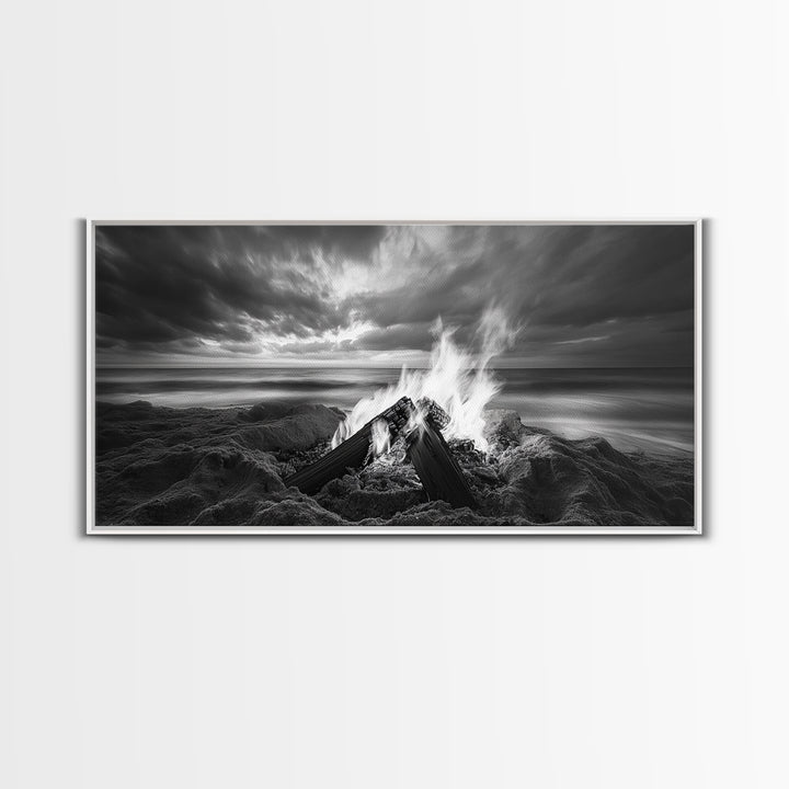 Beach bonfire, moody art, seascape painting, coastal decor, extra wide art, panoramic painting, above bed wall art, framed canvas print