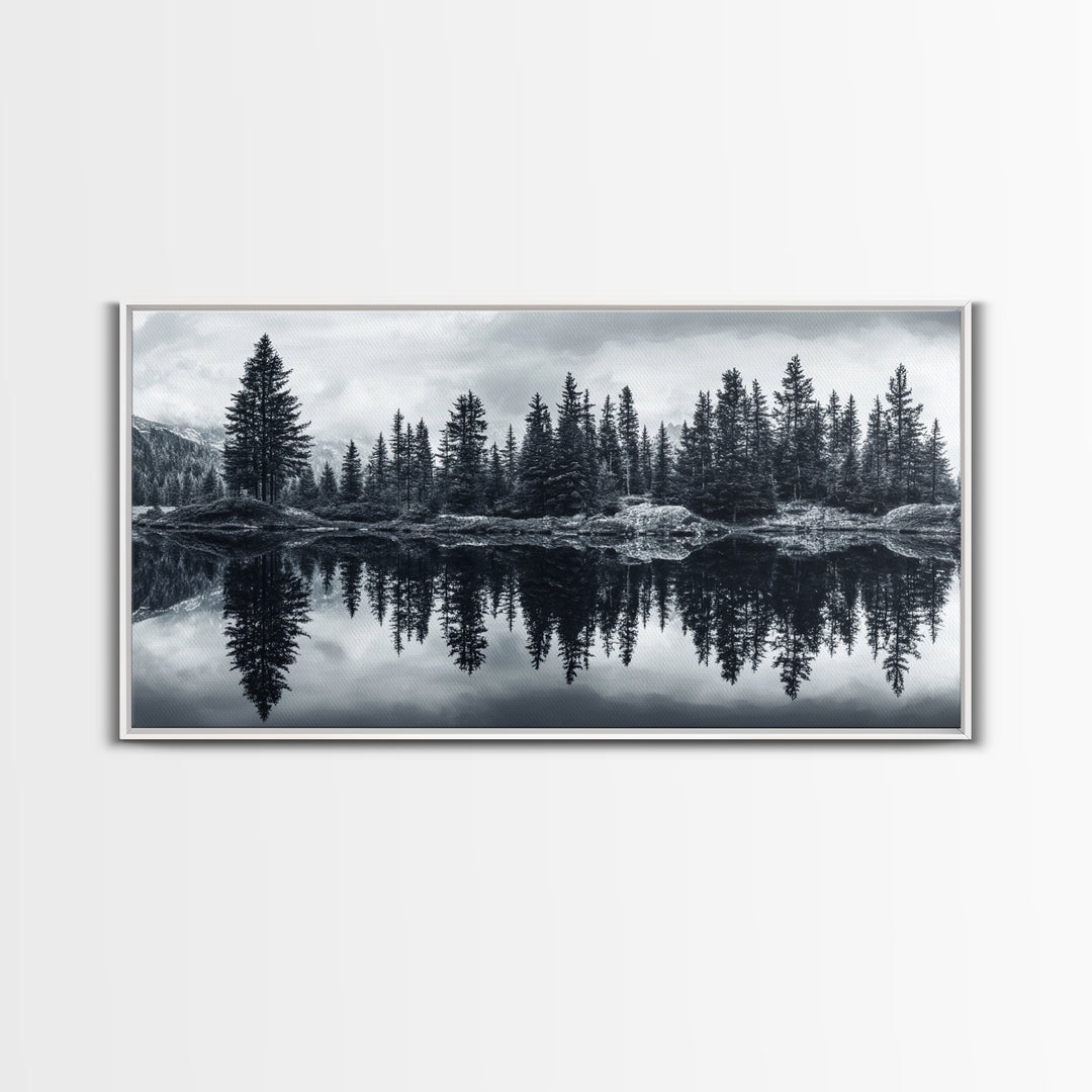 Pine tree reflection, moody art, mountain painting, pine tree art, rustic decor, panoramic art, extra wide art, framed canvas print