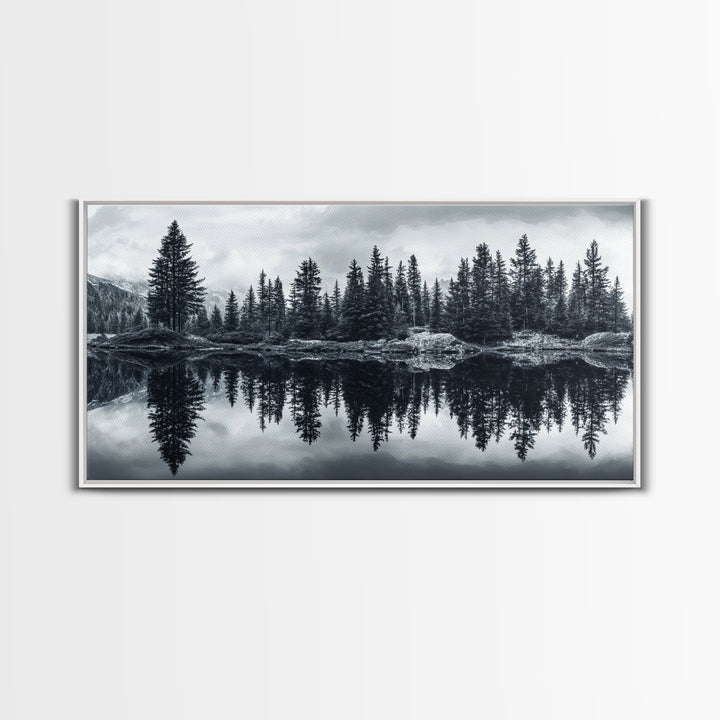 Pine tree reflection, moody art, mountain painting, pine tree art, rustic decor, panoramic art, extra wide art, framed canvas print