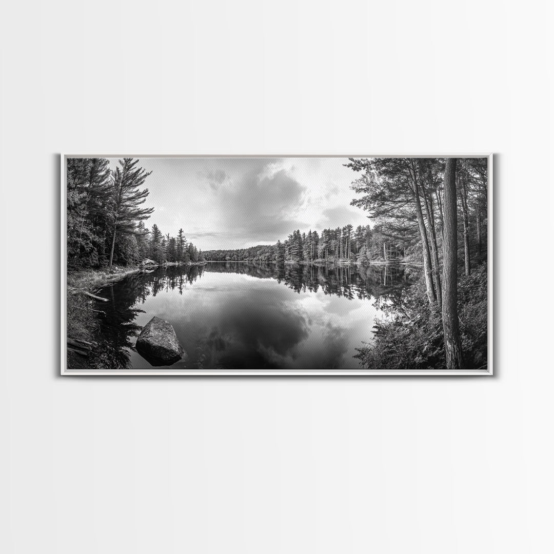 Lake reflection, pine tree art, landscape painting, wabi sabi art, rustic decor, panoramic painting, extra wide art, framed canvas print