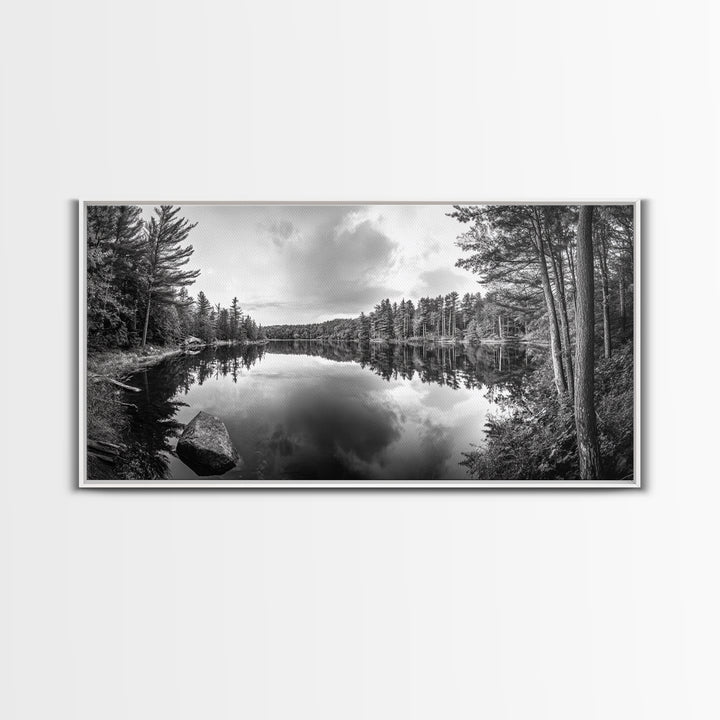 Lake reflection, pine tree art, landscape painting, wabi sabi art, rustic decor, panoramic painting, extra wide art, framed canvas print