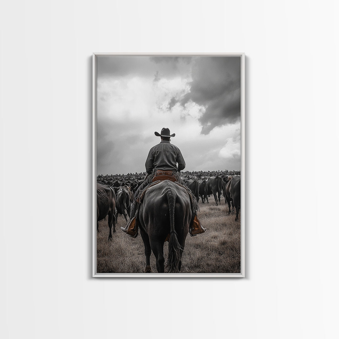 Cowboy, western art, cattle drive, ranch wall decor, framed canvas print, rustic farmhouse art, moody cowboy, country life painting