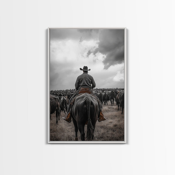 Cowboy, western art, cattle drive, ranch wall decor, framed canvas print, rustic farmhouse art, moody cowboy, country life painting