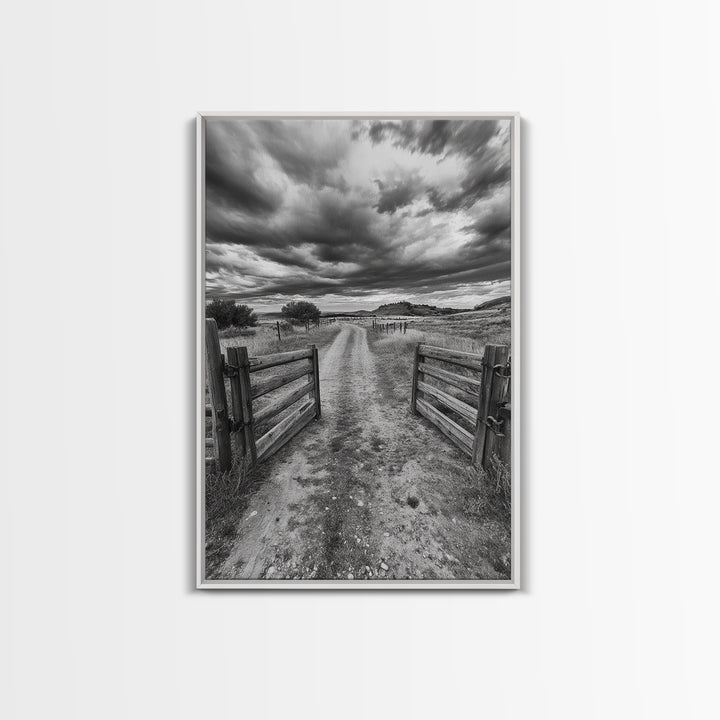 Open Ranch Gate, southwest wall art, moody art, western home decor, rustic art, farmhouse painting, framed canvas print, cowboy aesthetic