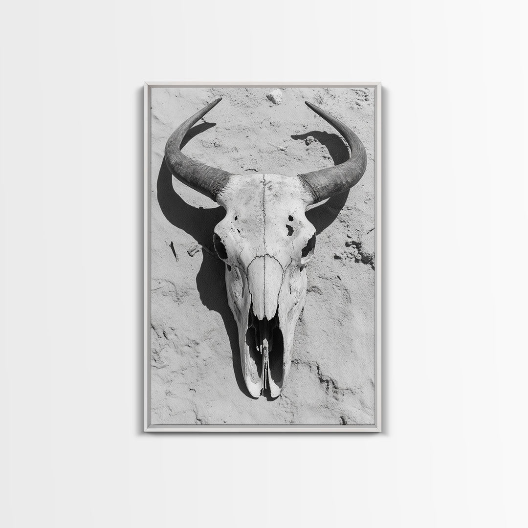 Bull skull, desert aesthetic, cowboy art, rustic decor, black and white photography, boho art, framed canvas print, western wall art